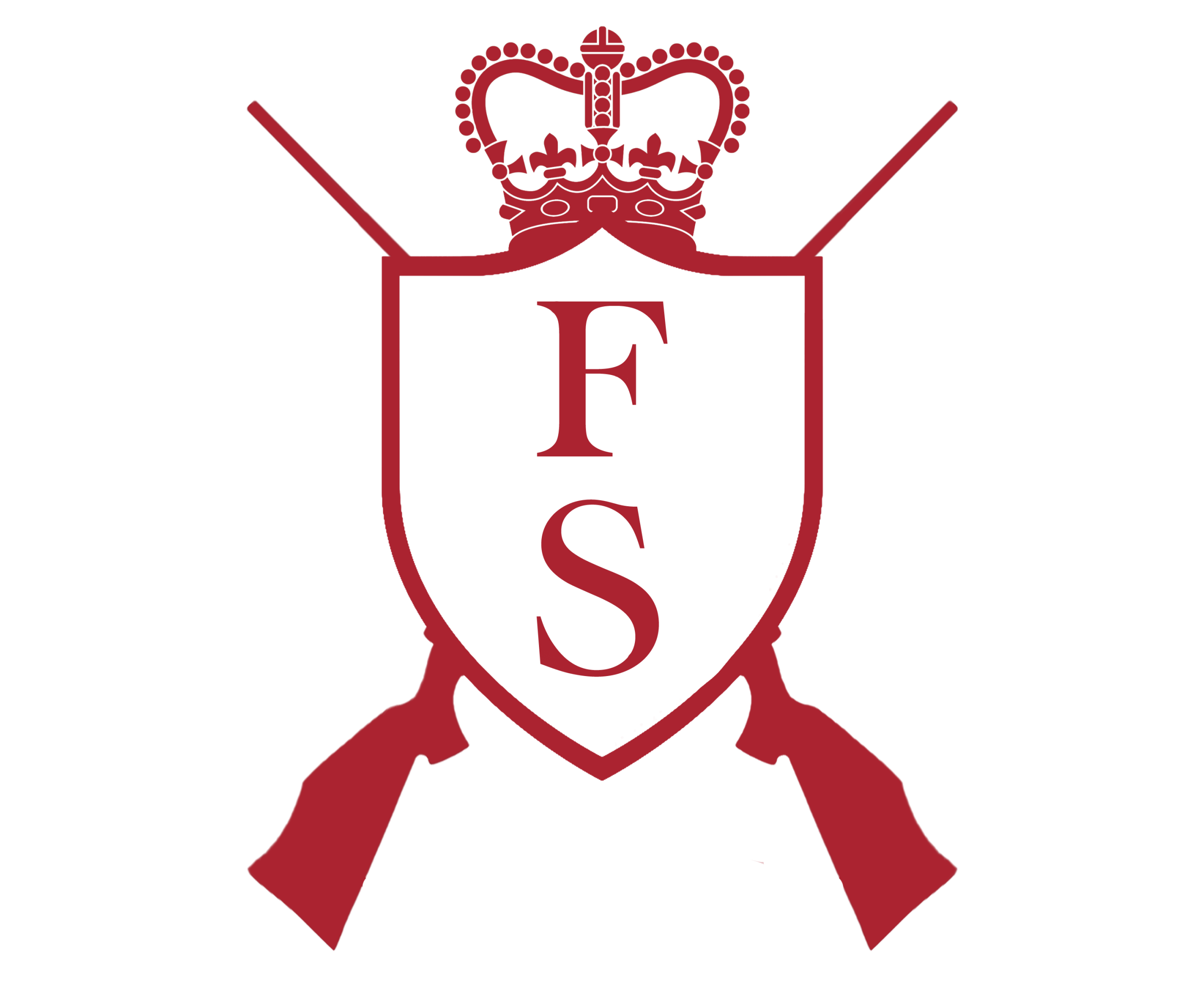 Red shield logo with crown and rifles. Foyers Sporting